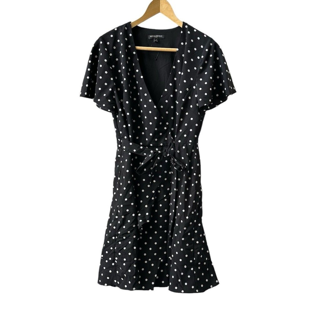 Banana Republic Womens True Wrap Dress Size 8 Black White Polka Dot Ruffle Hem